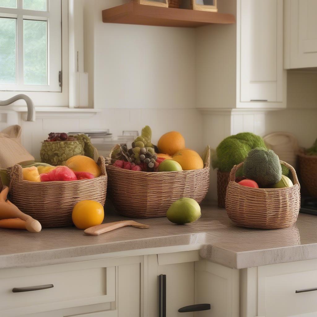 Wicker baskets of varying sizes on a kitchen counter, storing fruits, vegetables, and other kitchen essentials.