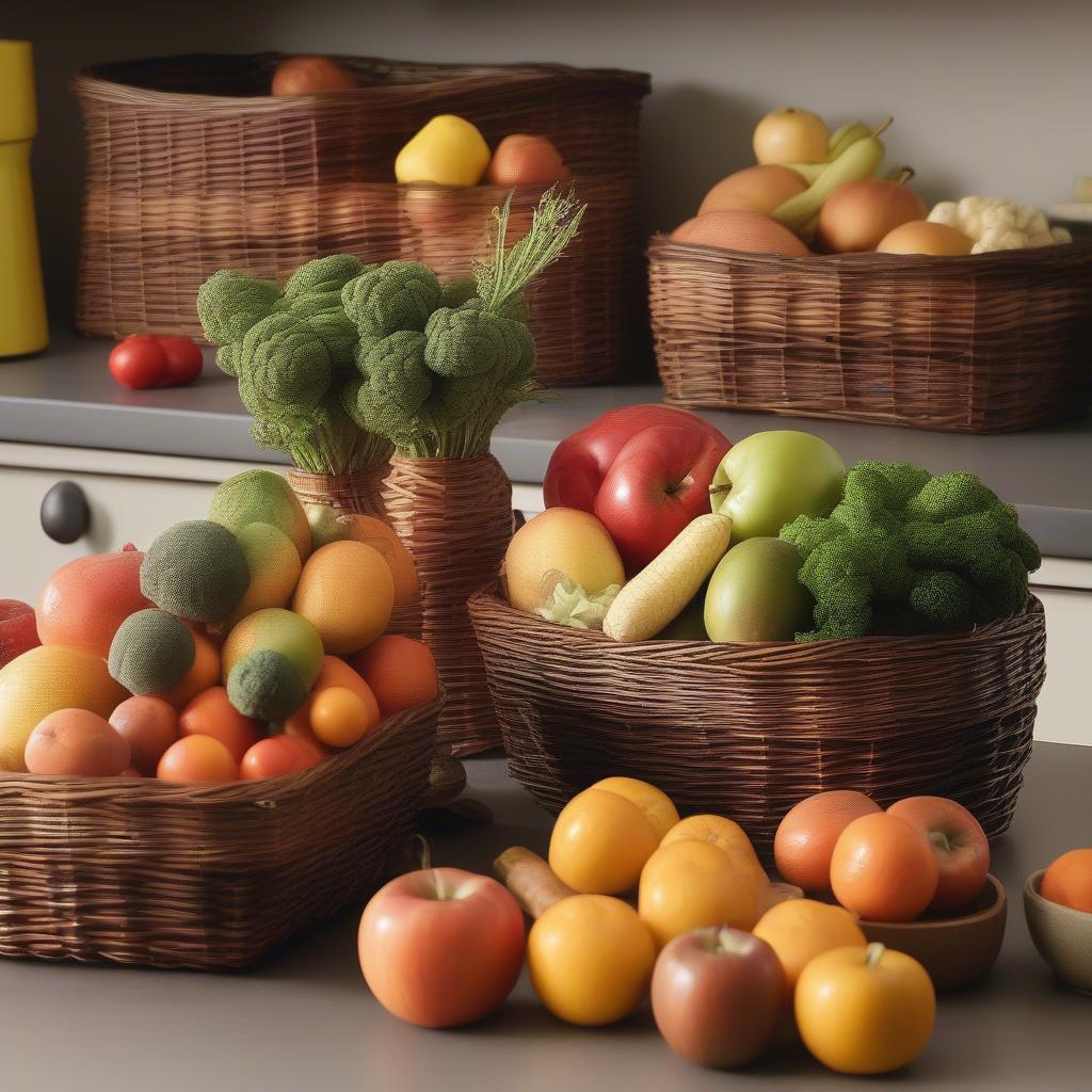 Wicker Baskets on Kitchen Countertop for Fruit and Vegetable Storage