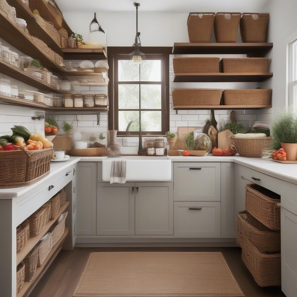 Small square wicker baskets used to organize produce and pantry items in a kitchen setting.