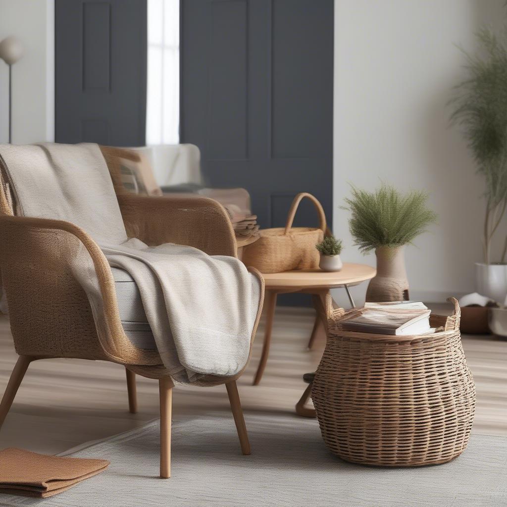 Narrow wicker baskets used as stylish storage in a living room setting.