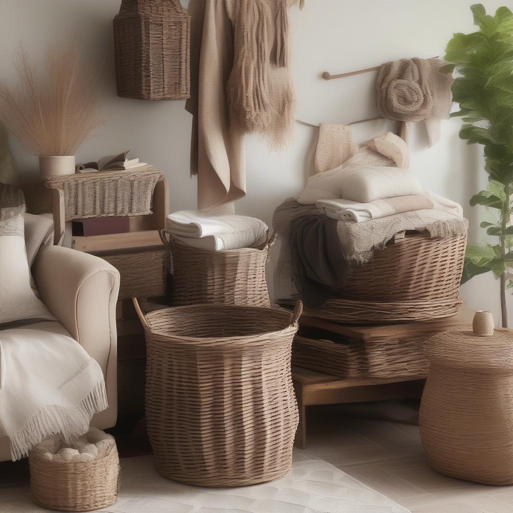 Wicker baskets used for stylish storage in a living room setting, showcasing blankets, books, and plants.