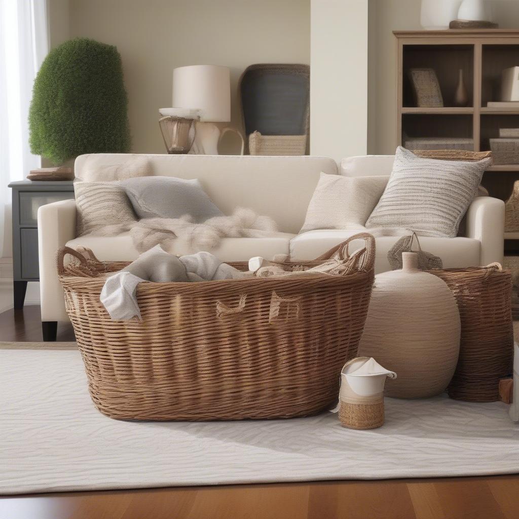 Wicker baskets used for storage in a living room setting.