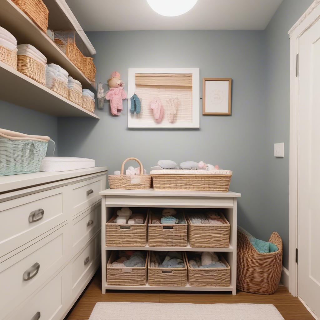 Wicker baskets used to organize baby clothes and toys