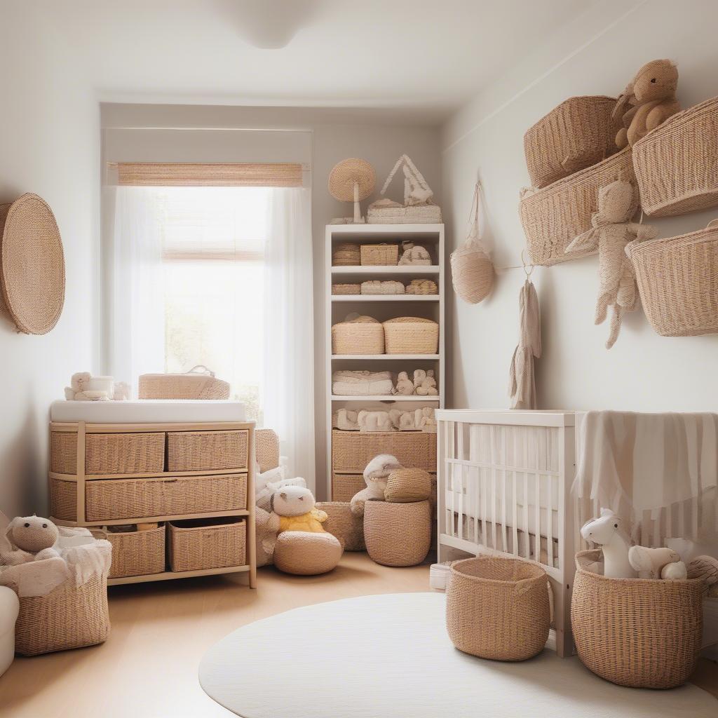 Wicker storage baskets used for organizing a nursery