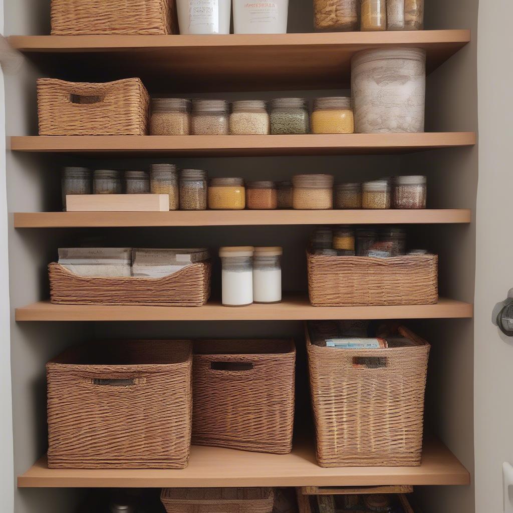 Wicker Baskets on a 5 Shelf Storage Unit in a Kitchen