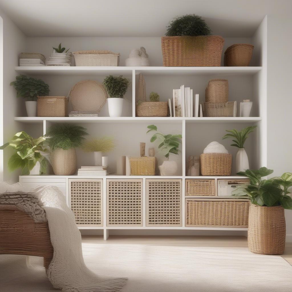 Wicker baskets neatly organized on storage shelves in a living room setting, showcasing a blend of functionality and style.