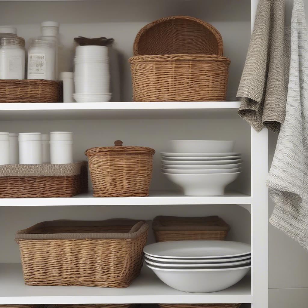 Wicker baskets arranged neatly on top of kitchen cabinets, showcasing a mix of sizes and styles for optimal storage and visual appeal.