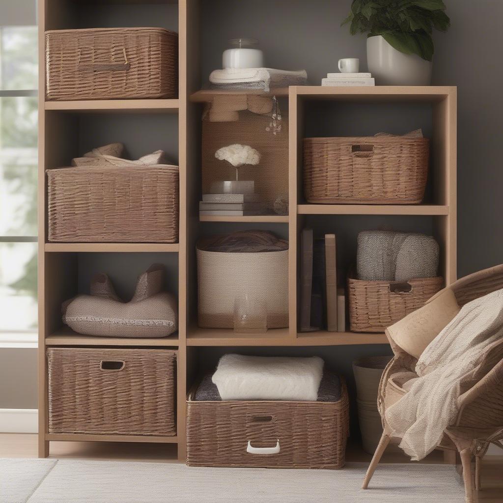 Wicker baskets neatly organizing items within a cubby system in a living room.