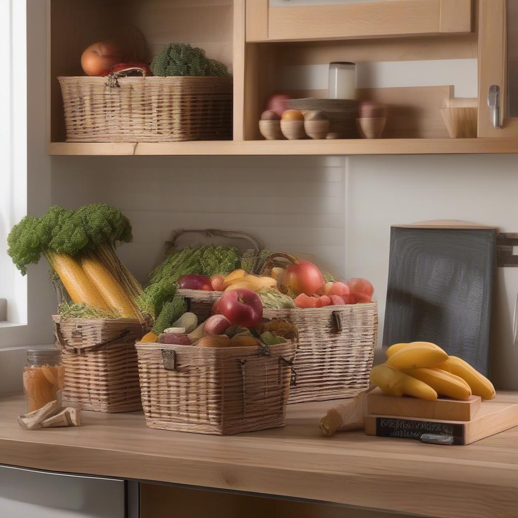 Rectangular wicker baskets organize fruits and vegetables on a kitchen counter.