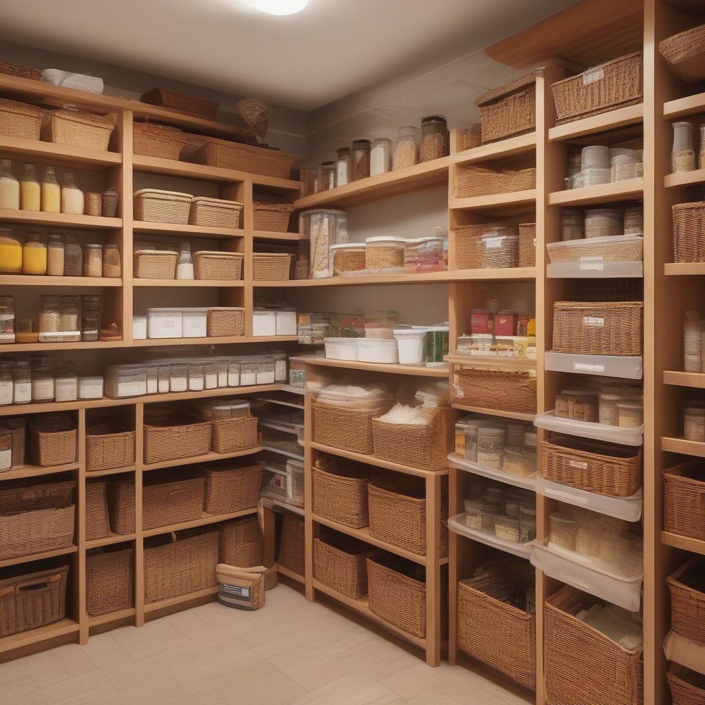 Wicker baskets neatly organizing a kitchen pantry with labels for easy identification of contents.