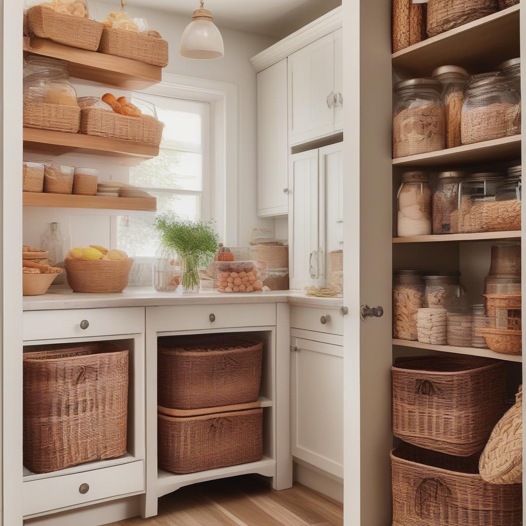 Wicker baskets neatly organizing a kitchen pantry with various food items and utensils.