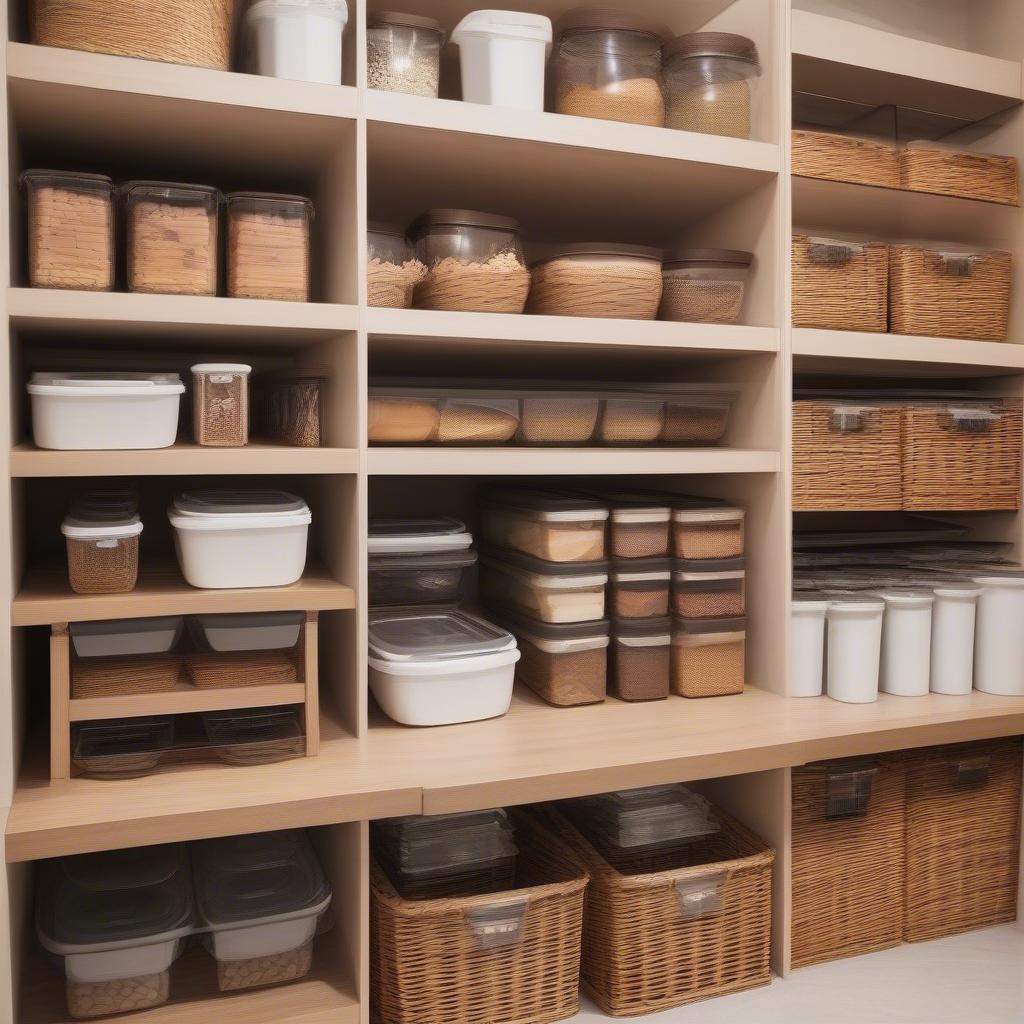 Wicker baskets used to organize a pantry filled with various food containers.