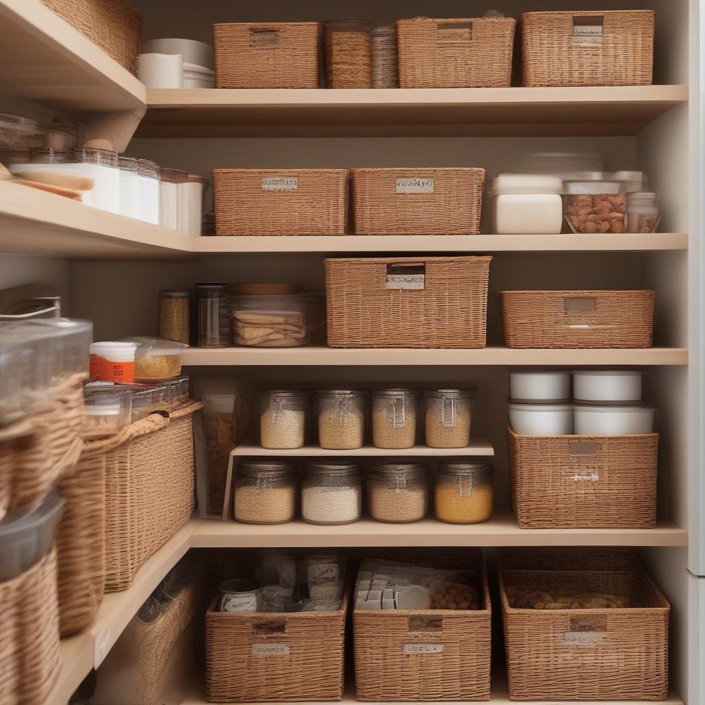 Stacking wicker storage baskets used to organize a pantry, demonstrating their practicality in kitchen storage.