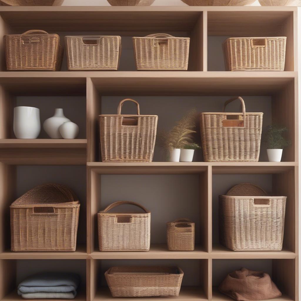 Wicker baskets neatly organizing items on a shelf.