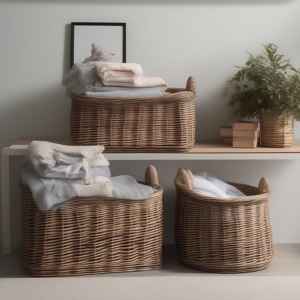 Wicker baskets used for organized storage in various rooms, showcasing practical and stylish storage solutions.