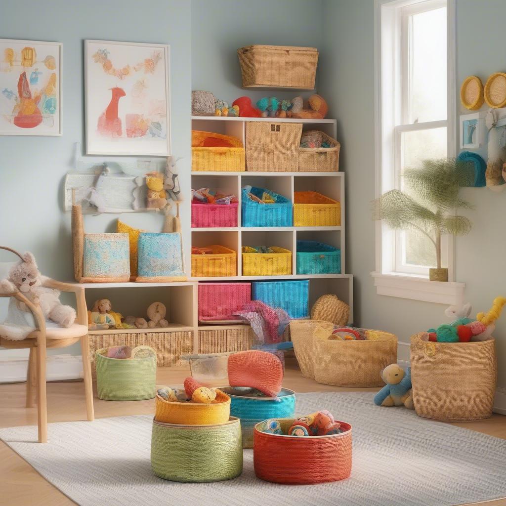 Wicker baskets organizing children's toys in a playroom