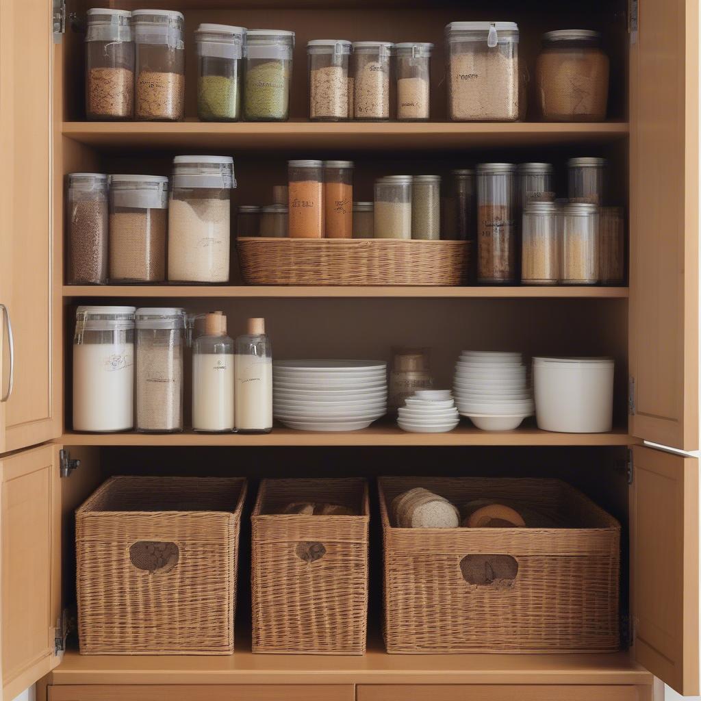 Various wicker baskets organizing pantry items in a kitchen cabinet