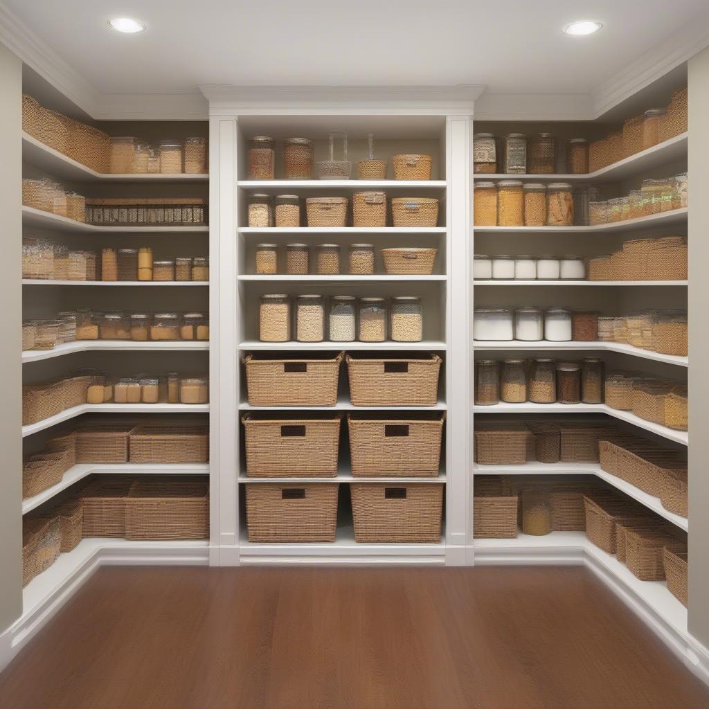 Wicker baskets neatly organizing a pantry, storing dry goods, snacks, and other pantry staples.