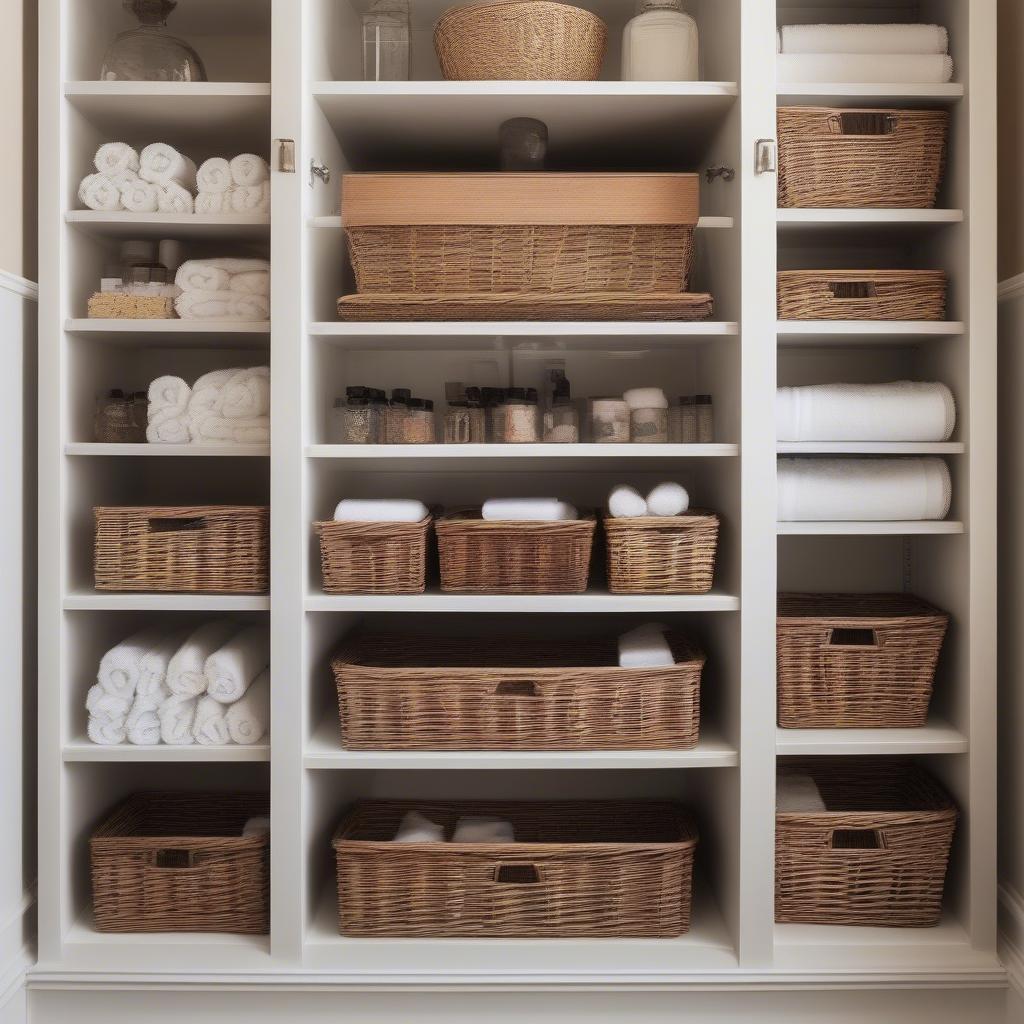 Wicker baskets neatly organized inside a shallow cabinet, maximizing space and providing a stylish storage solution.