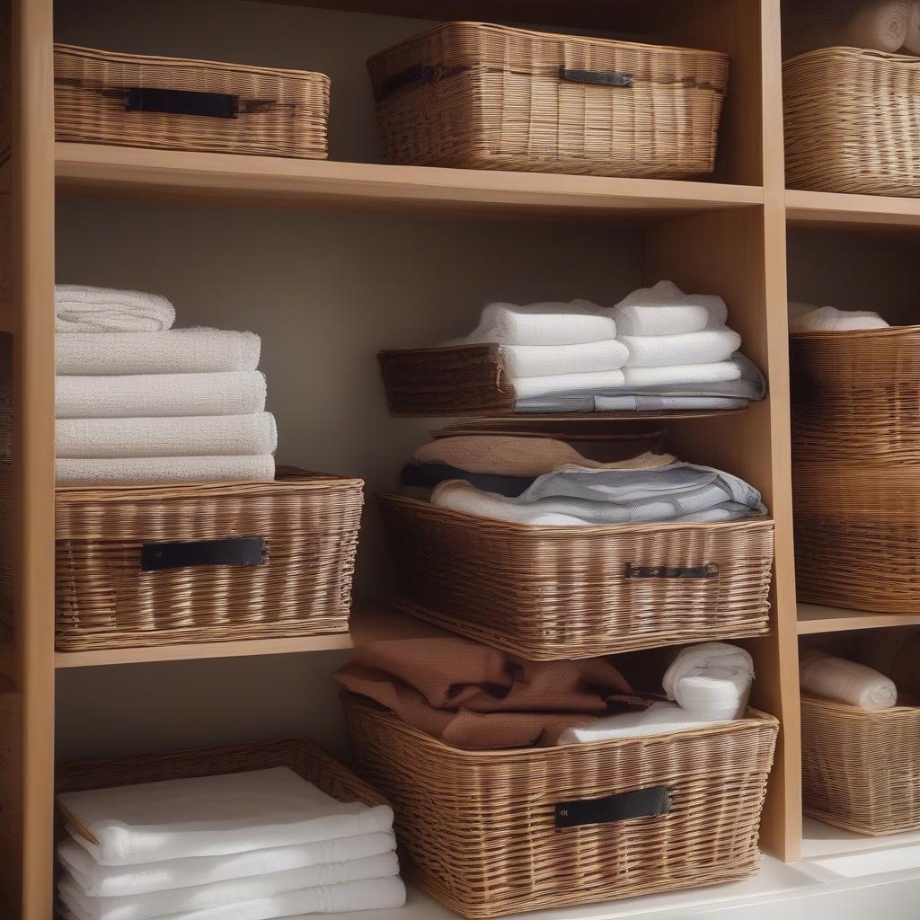 Various sizes of wicker baskets arranged neatly on shelves, showcasing effective organization and storage solutions for different items.