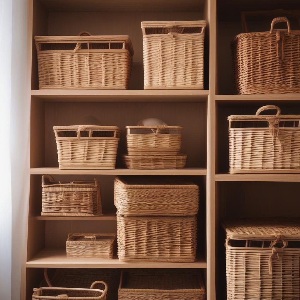 Wicker baskets neatly organized on shelves, showcasing different sizes and styles for optimal storage solutions.