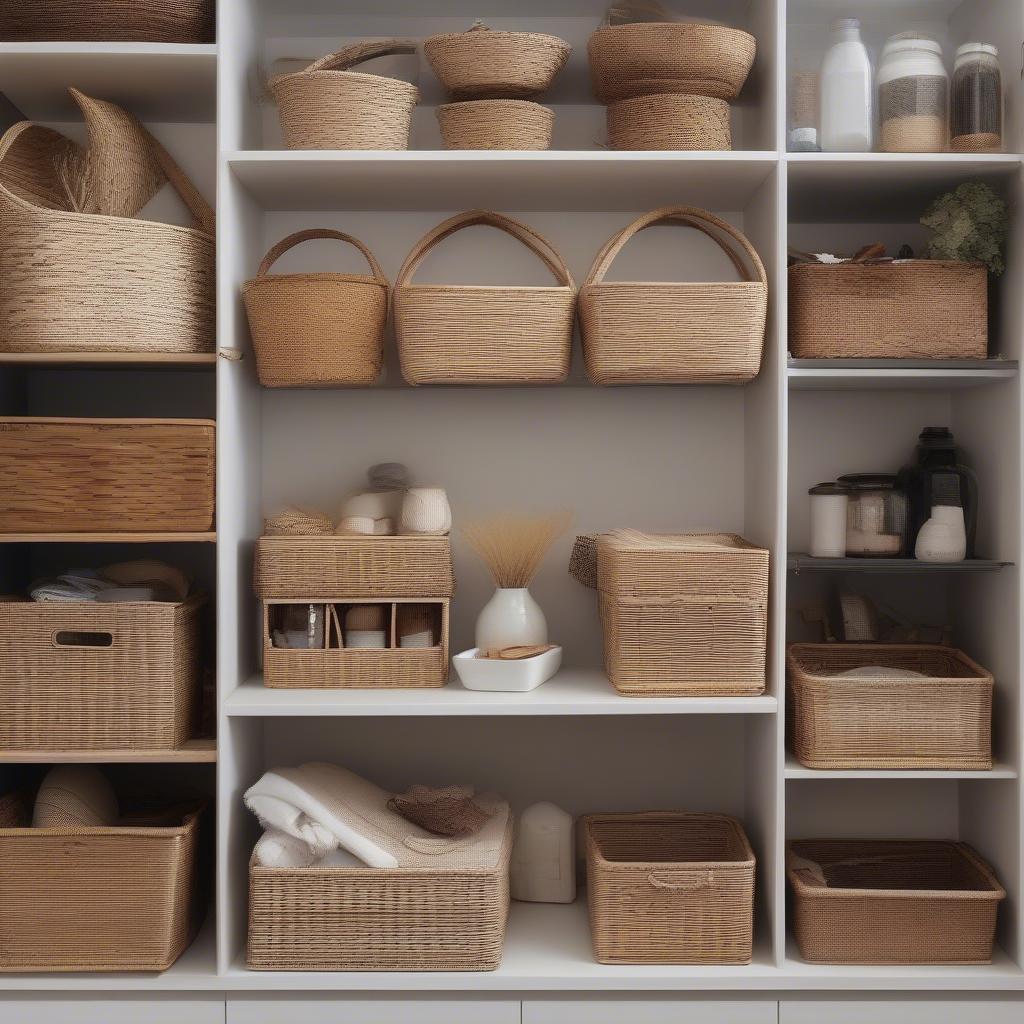 Wicker baskets used for shelf organization