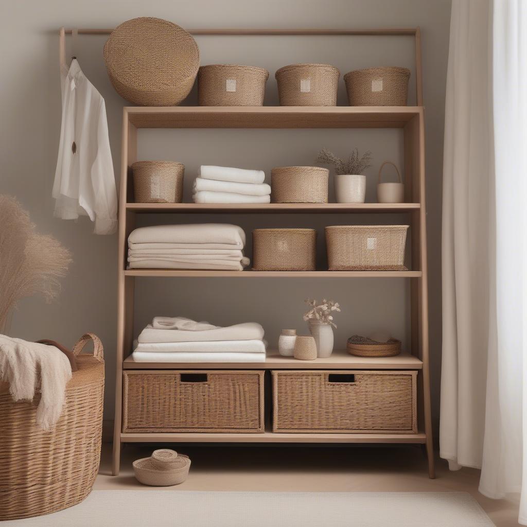 Wicker baskets on a shelf in a bedroom, organizing clothing and accessories.