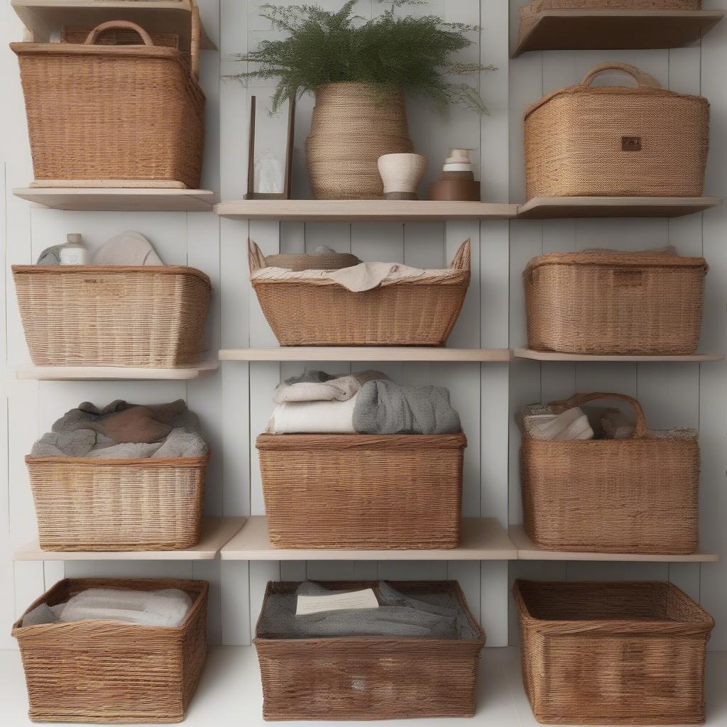 Various wicker baskets on shelves, showcasing different sizes, shapes, and weaving patterns.