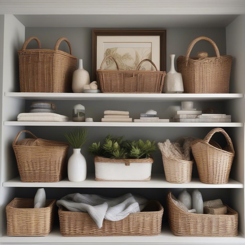 Stylishly arranged wicker baskets on shelves in different room settings, showcasing different styling techniques and incorporating other decorative elements.