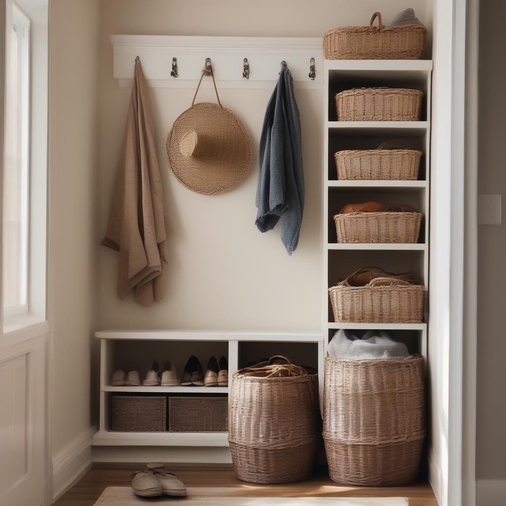 Wicker baskets neatly organizing shoes in a bright entryway