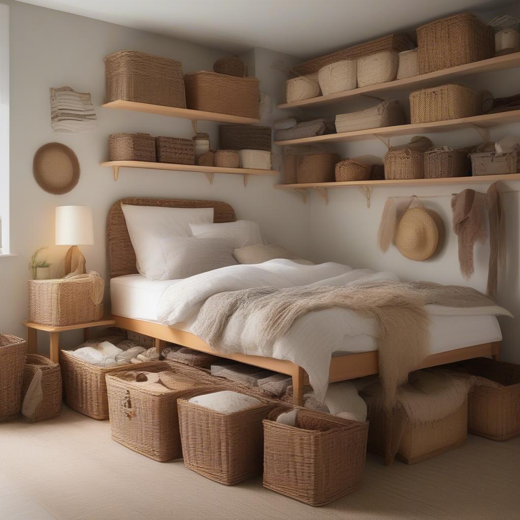 Wicker baskets used for storage in a small bedroom, maximizing space and organization.