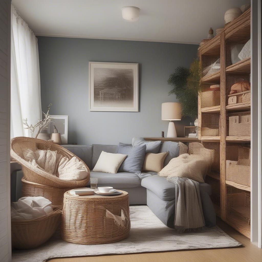 Wicker storage baskets used in a small apartment, tucked under furniture and on shelves.