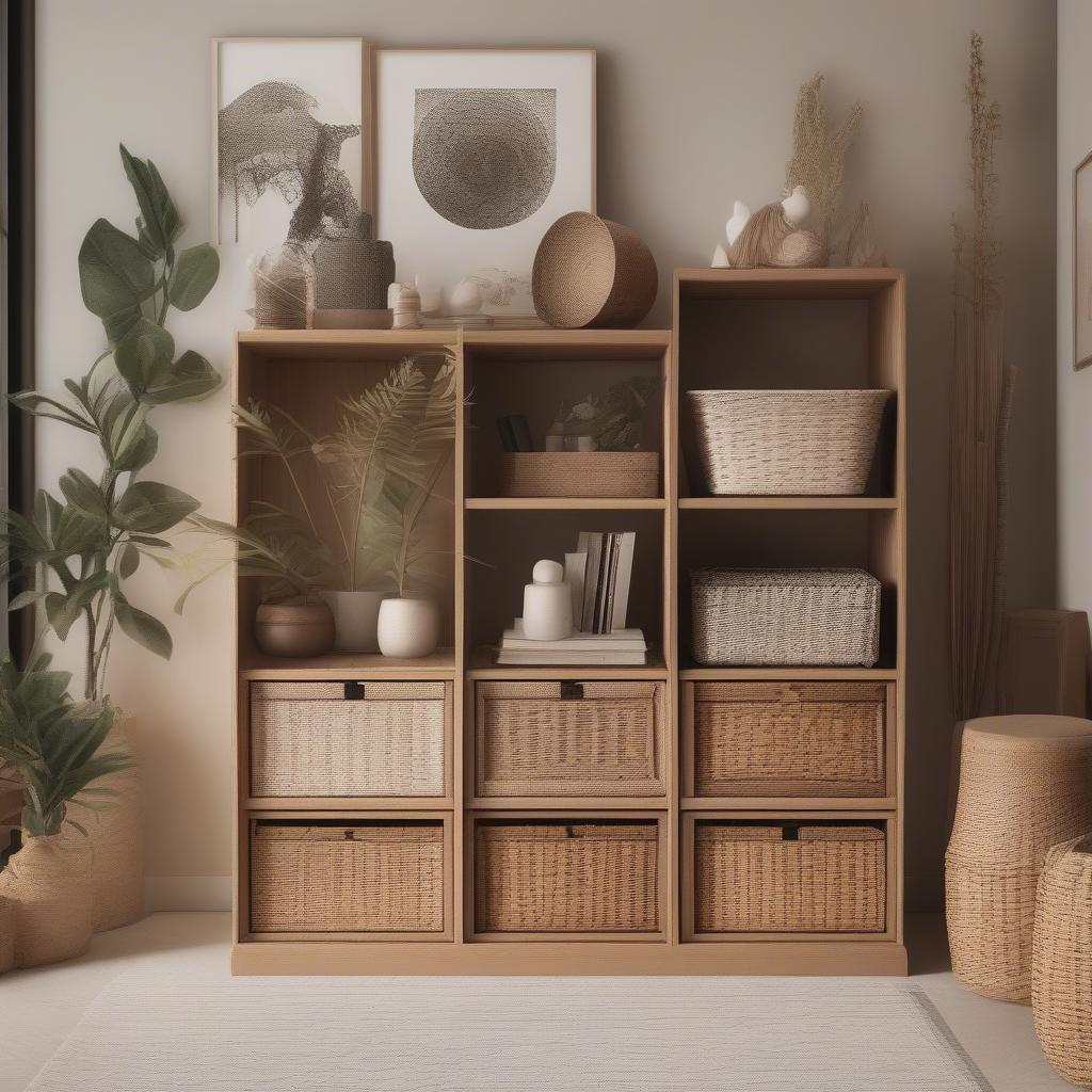 Wicker Baskets Storage Unit in Living Room