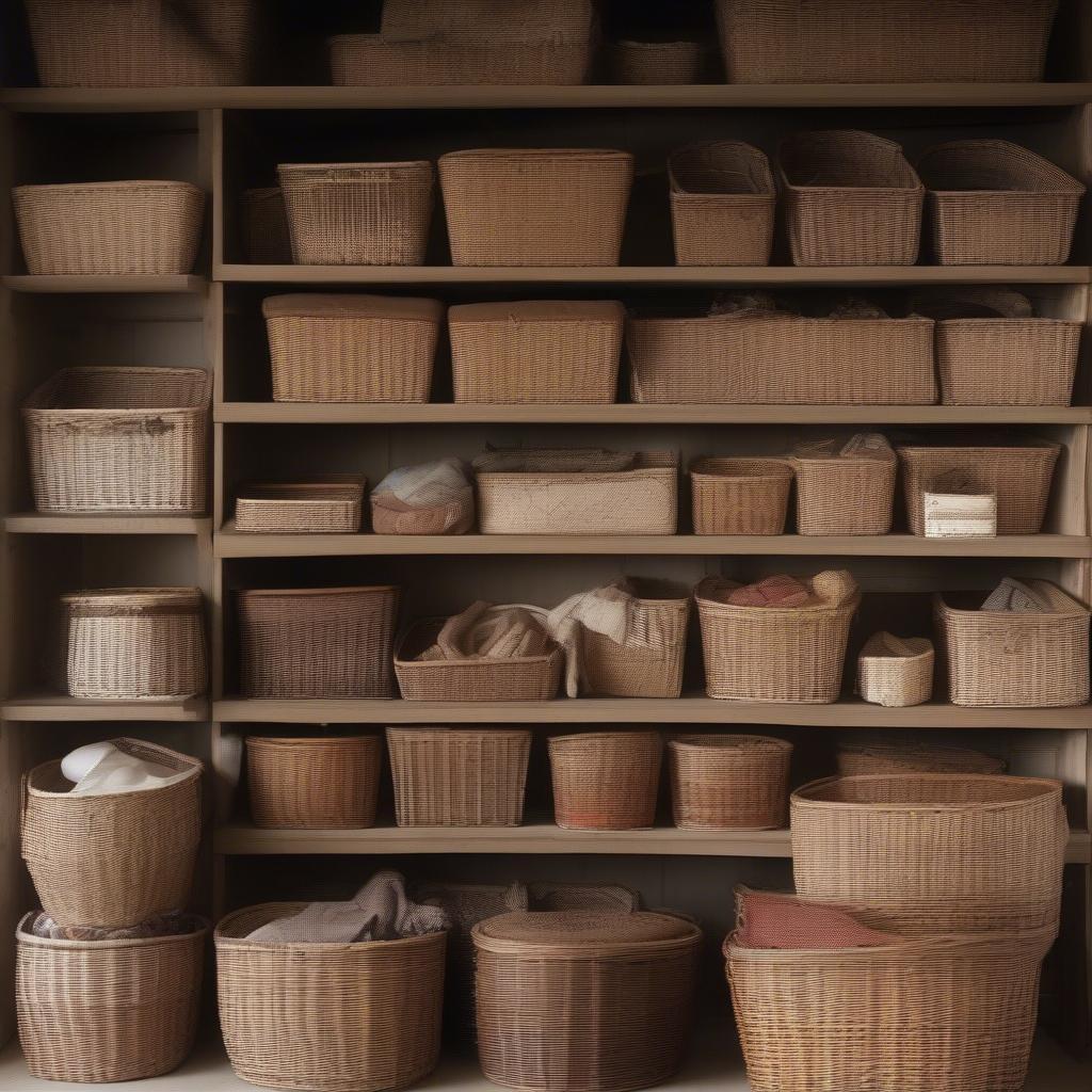 Wicker baskets stored on shelves in a shed