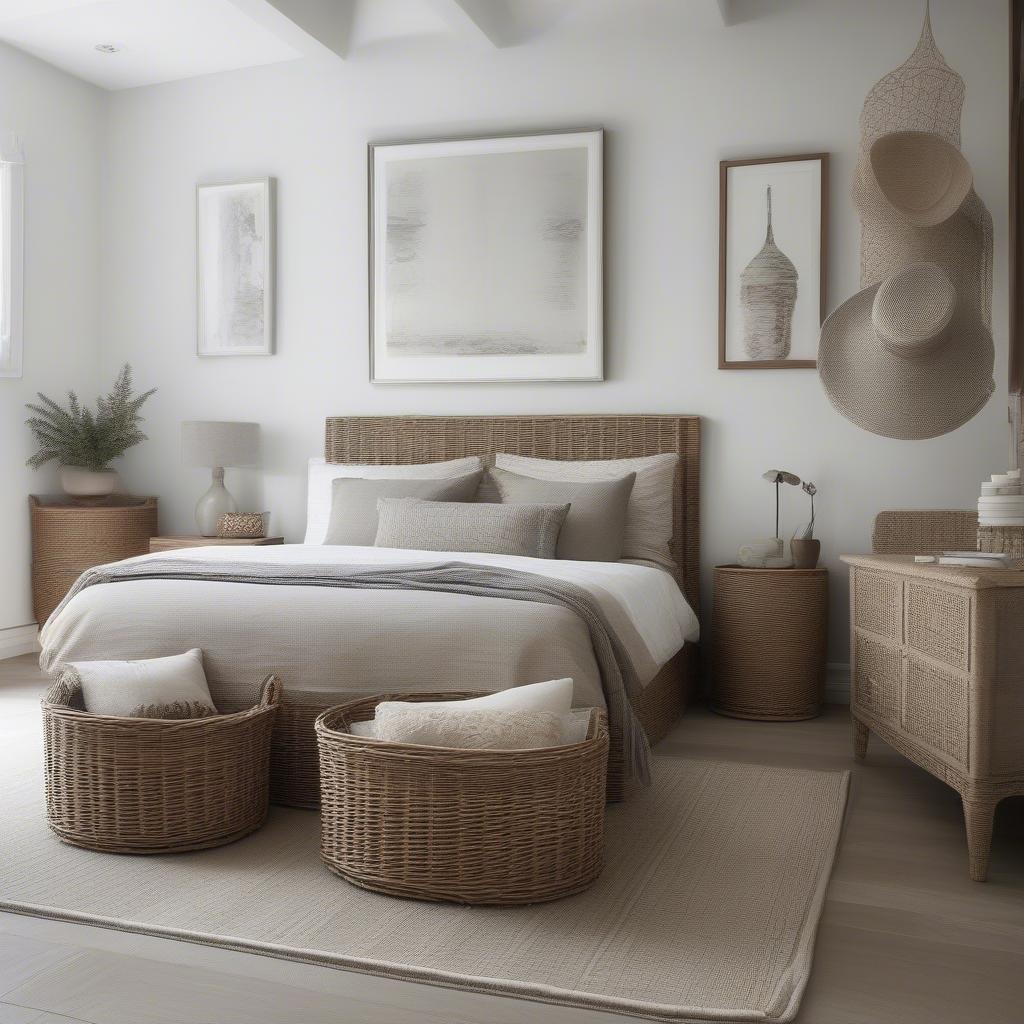 Wicker baskets under a bed in a stylishly decorated bedroom, demonstrating their seamless integration with the decor.