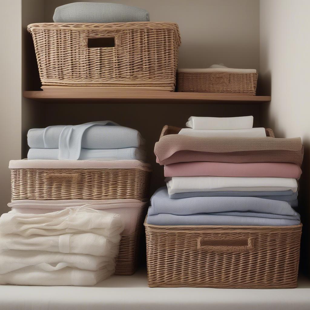 Various sized wicker baskets organized under a bed, showcasing efficient storage solutions for clothing and bedding.