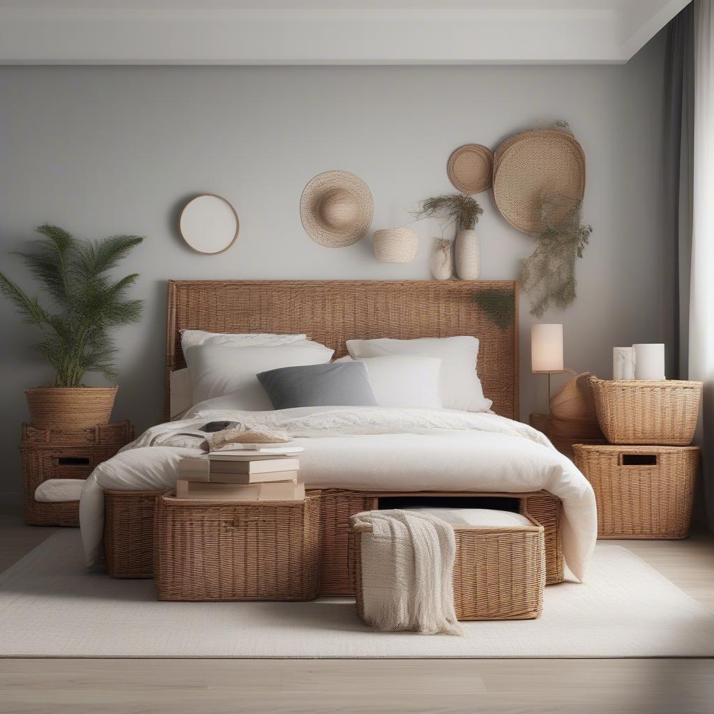 Wicker baskets under a platform bed, providing hidden storage in a modern bedroom.