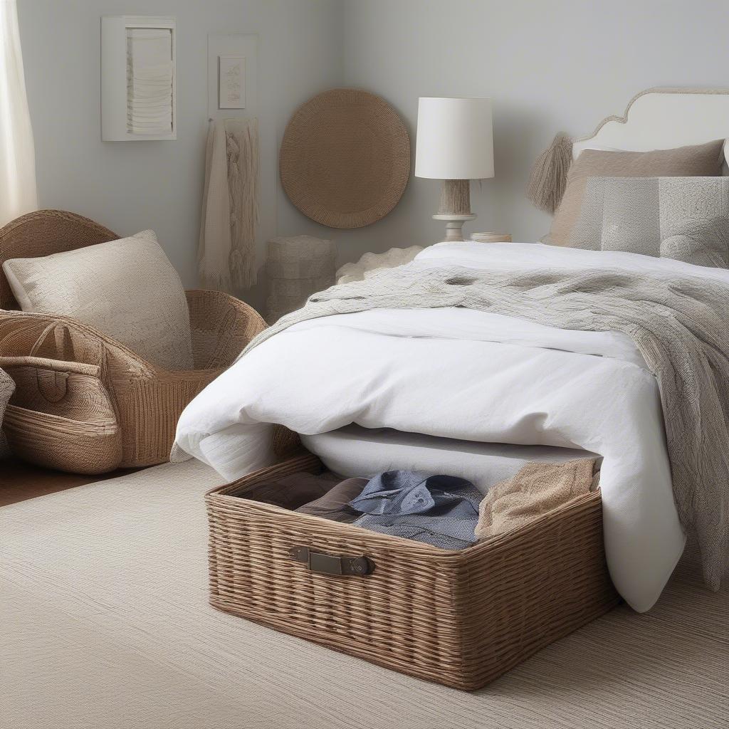 Various wicker baskets under bed for storage, showcasing different sizes, shapes, and styles.