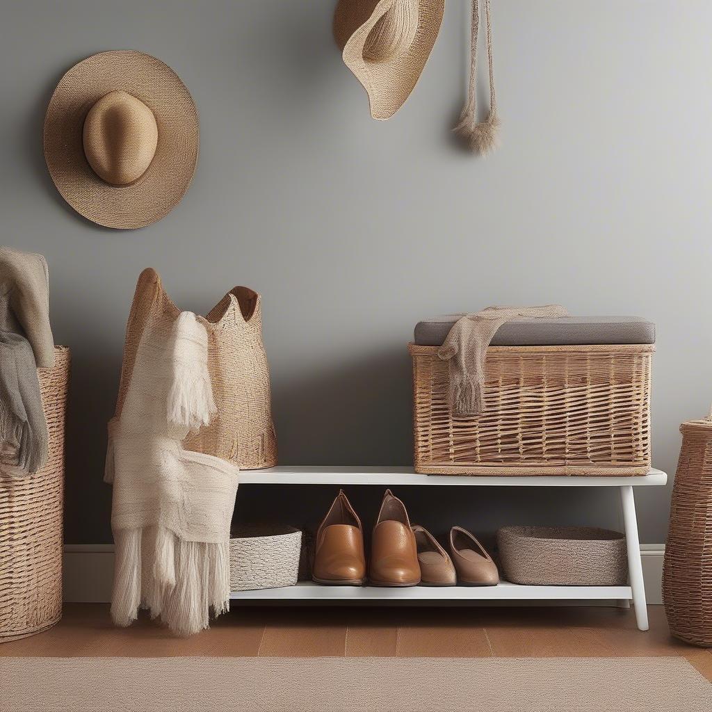 Wicker baskets under a bench in an entryway