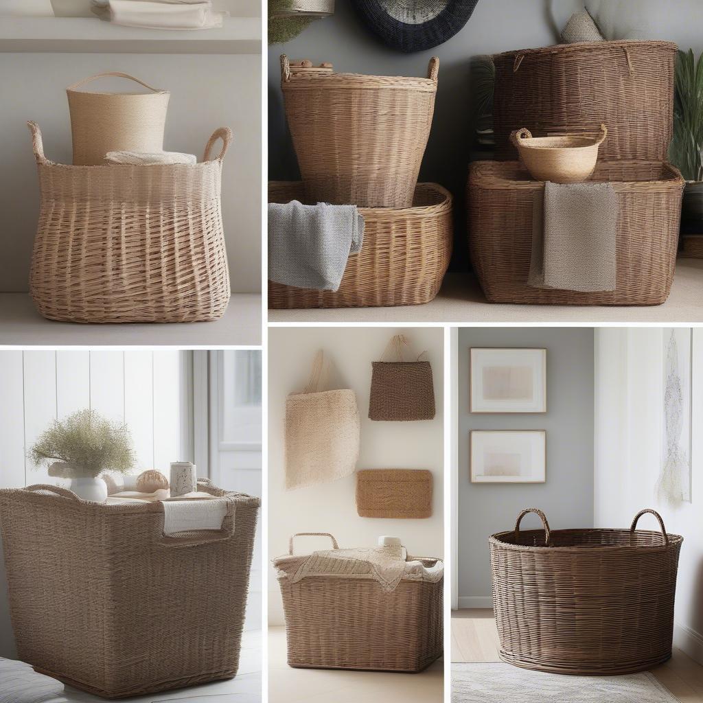 Wicker baskets used in different rooms of a house: living room, bathroom, and bedroom.