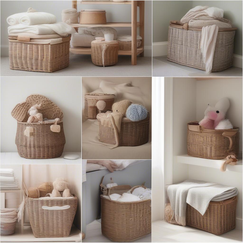 Wicker baskets in different rooms of a house.