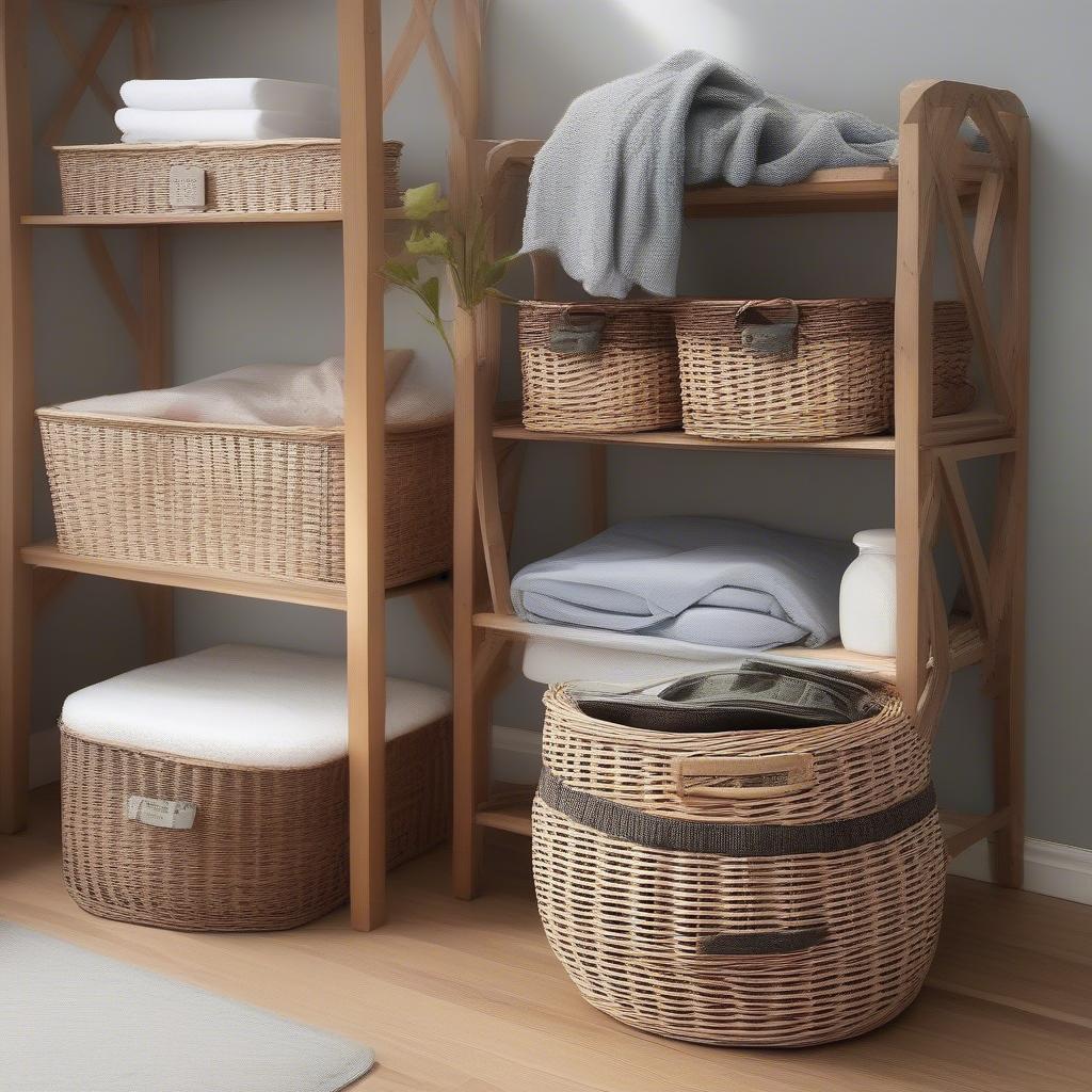 Wicker baskets in various shapes and sizes in different rooms