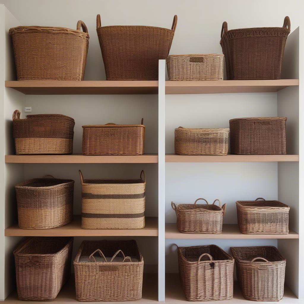 Various sizes and styles of wicker baskets displayed in a home setting