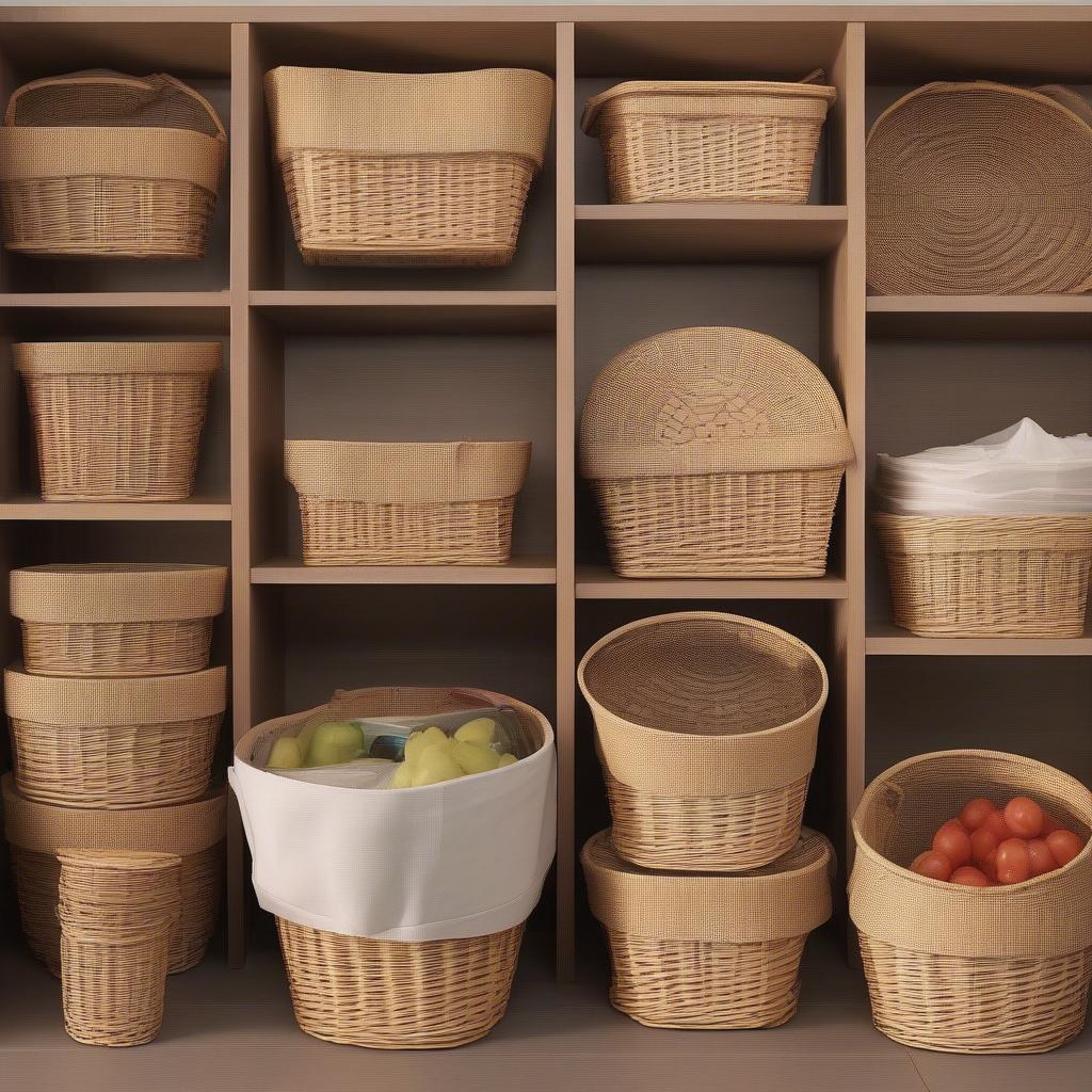 Wicker baskets in various sizes and shapes for different food container storage needs