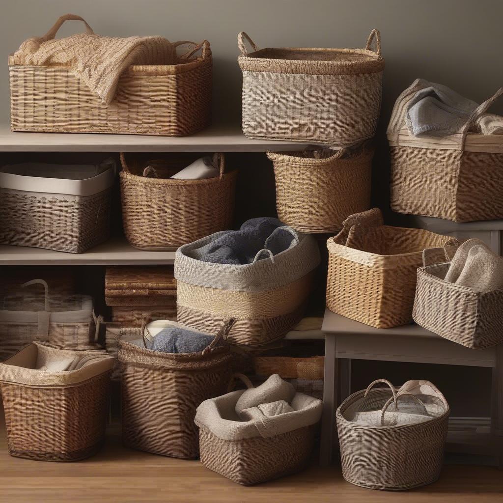 Different sizes and shapes of wicker baskets for diverse storage needs.