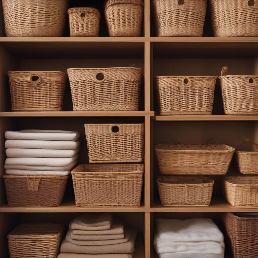 Wicker Baskets of Various Sizes on a Storage Shelf