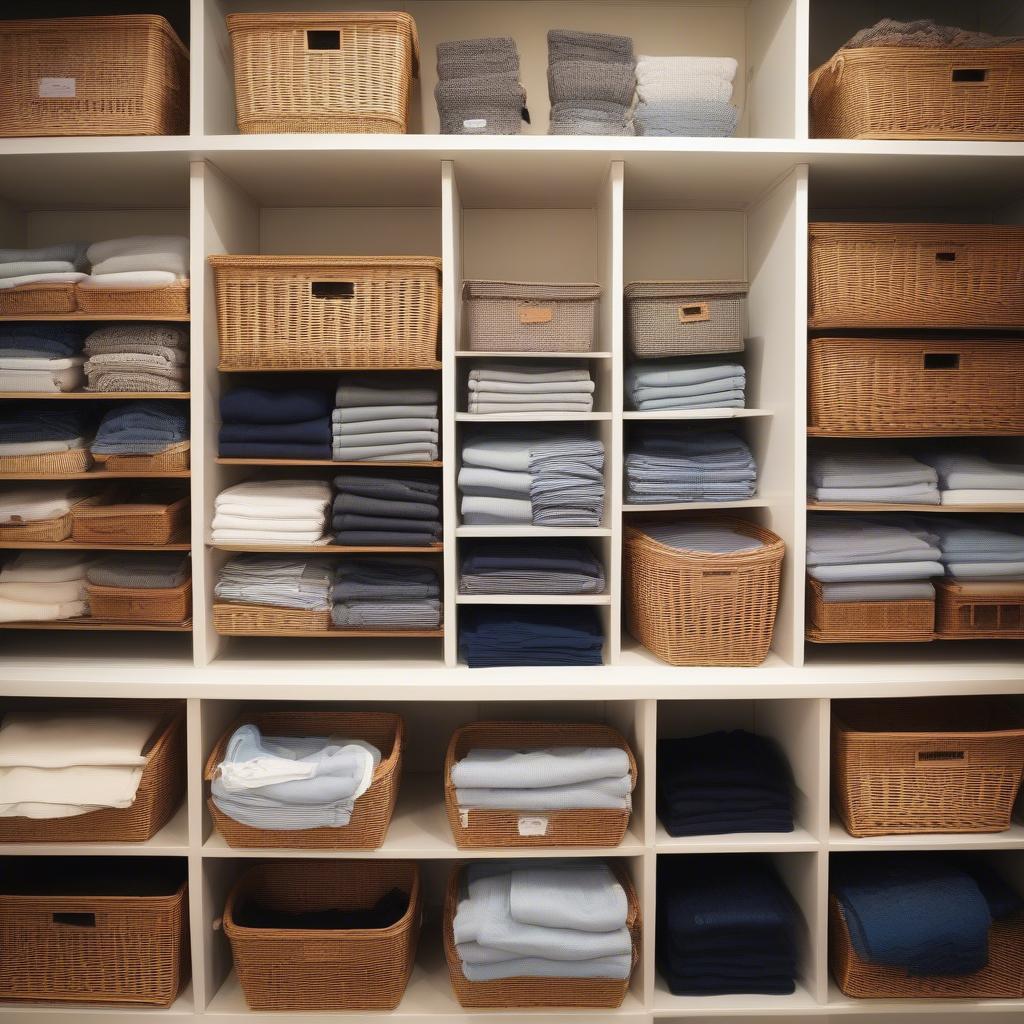 Wicker baskets with labels on shelves, showcasing organized clothing items.