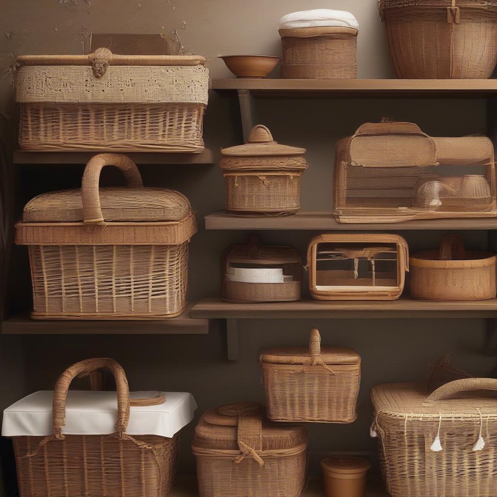 Wicker baskets with lids and handles in various sizes and styles