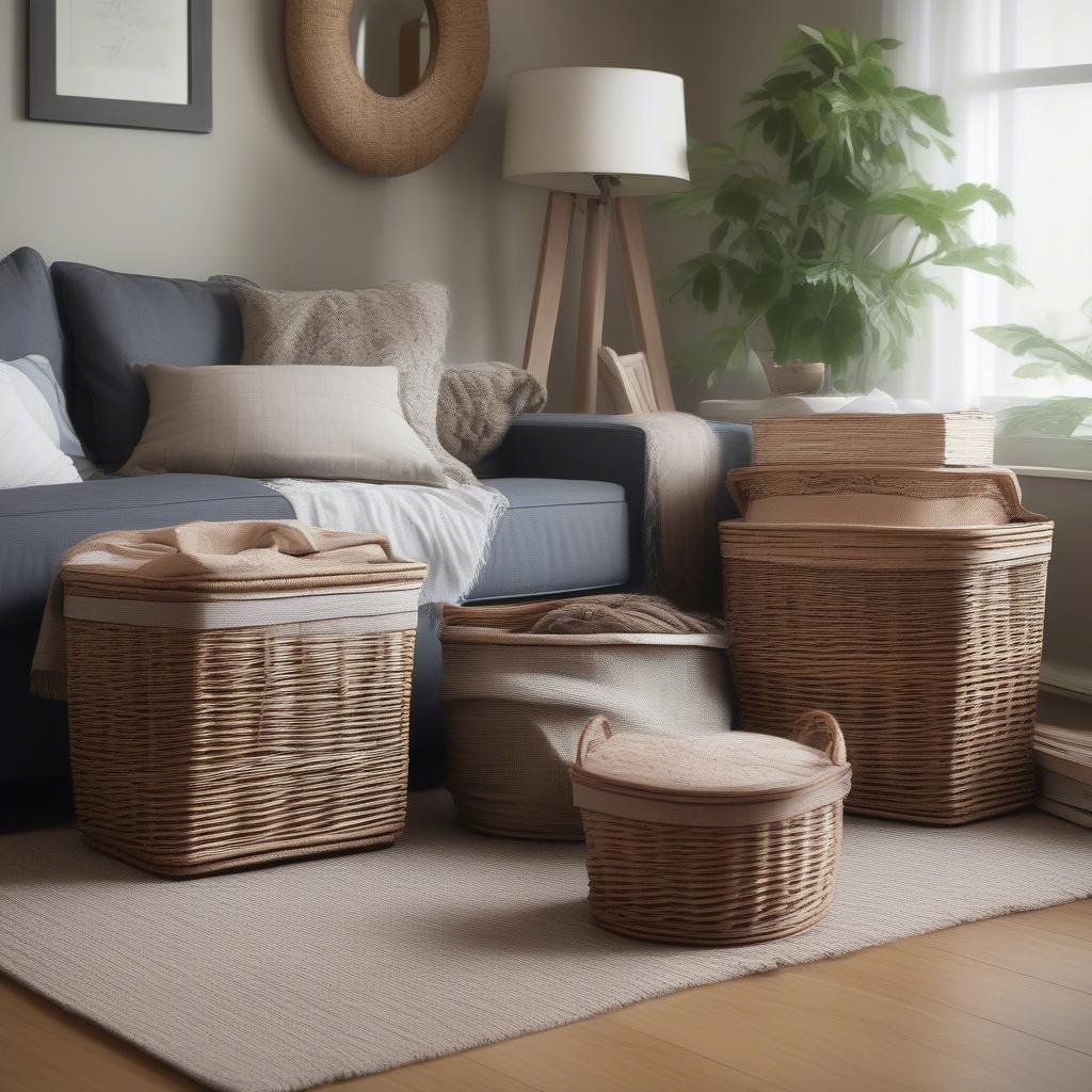 Wicker baskets with lids used for storage in a living room setting.