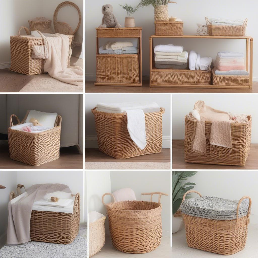 Wicker storage baskets with lids used in different rooms of a house.